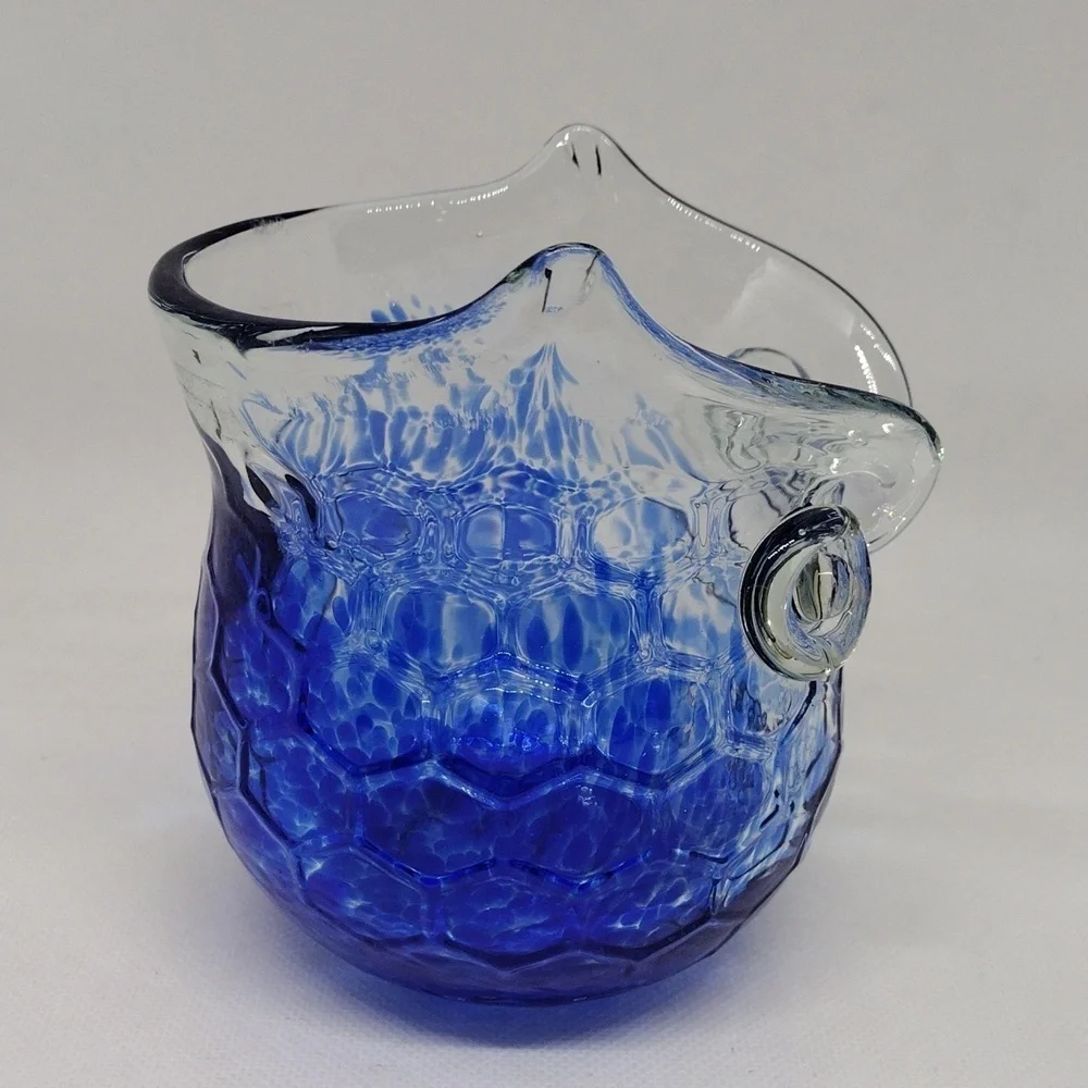 Vintage Cracker Barrel Clear and Cobalt Blue Splatter Art‎ Glass Owl Vase